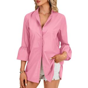 LYANER Women's Flare Long Sleeve Stand Collar Button Down Blouse Shirt Top (X-Large, Pink)