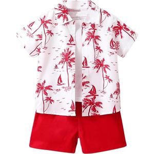 Boy's 2 Piece Boho Outfits Short Sleeve Tropical Button Down Hawaiian Shirt Tops and Track Shorts (Red), Size: 6Y