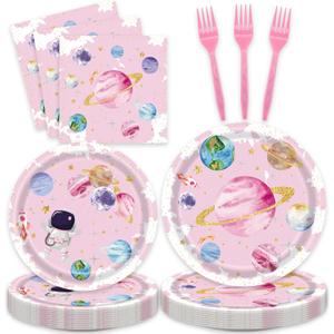 96Pcs Pink Space Birthday Party Supplies,include Dessert plate Plate Napkin And Forks,Used for Galaxy Space Planet Astronauts Party Decoration,Serves 24 Guests (Pink Space)