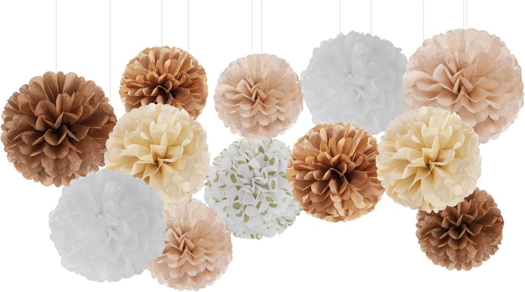 2 x Boho Baby-Shower Party-Decorations Tissue Pom-Poms - 12pcs Neutral Rainbow Birthday Wedding Bridal Paper Flowers Streamers,White Brown Champagne Engagement Bachelorette Christmas Decor Ouruola