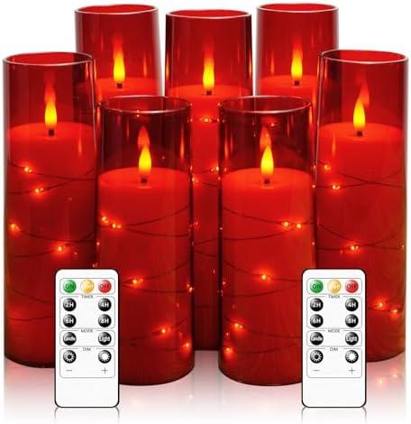 Eebuss Flameless Candles with Embedded Star String, Battery Operated LED Pillar Candles with Timer and Remote Control,Home Decorating for Ambiance， Set of 7 (Red)