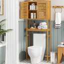VIAGDO Over The Toilet Storage Cabinet, Tall Bathroom Cabinet Organizer with Cupboard and Adjustable Shelves, Freestanding Toilet Shelf Space Saver Rack Stand for Laundry Room, Balcony, Bamboo