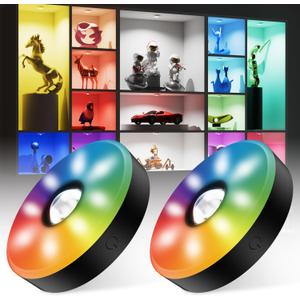 Rechargeable Puck Lights with Remote Control, 12 Color Changing Under Cabinet Lighting, Wireless RGB tv Led lights for bedroom & Closet, Dimmable Magnetic under counter lights for kitchen, Shelf,Party (Black-2 PACK)