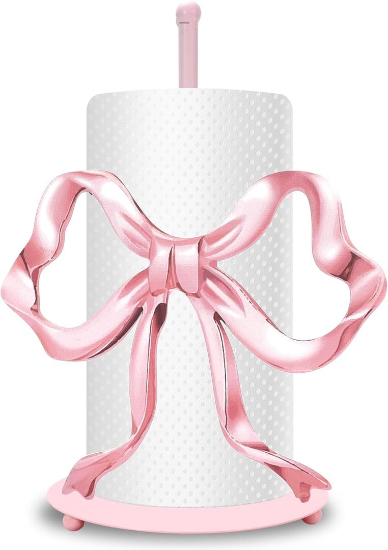 Trendy Bow Paper Towel Holder Cute Pink Bow Knot Kitchen Decor Accessories Large Metal Towel Holder Stand for Coquette Home Party Bathroom Countertop, Pink 