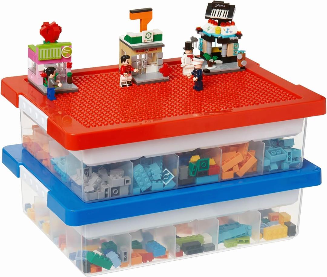 MACOPRO Toys Storage Organizer Box for Lego, Toy Box with Building Plate Lid and Removable Tray, Building Block Storage, Stackable Plastic Organizer Bins (Red+Blue-2Packs)