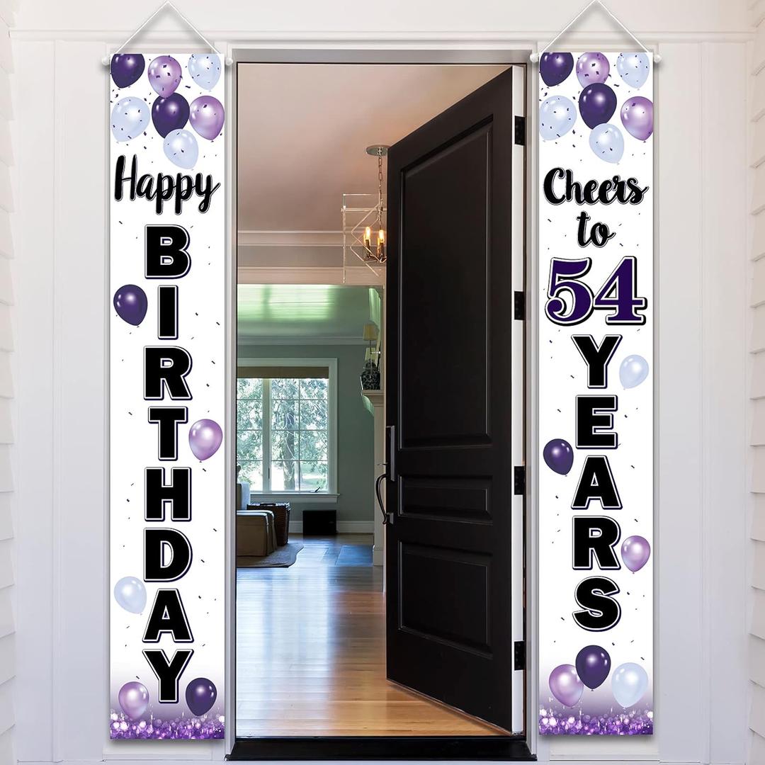 Happy 54th Birthday Decorations,54th Purple Balloon Birthday Theme Door Hanging Banner Sign,54 Years Old Bday Party Supplies.