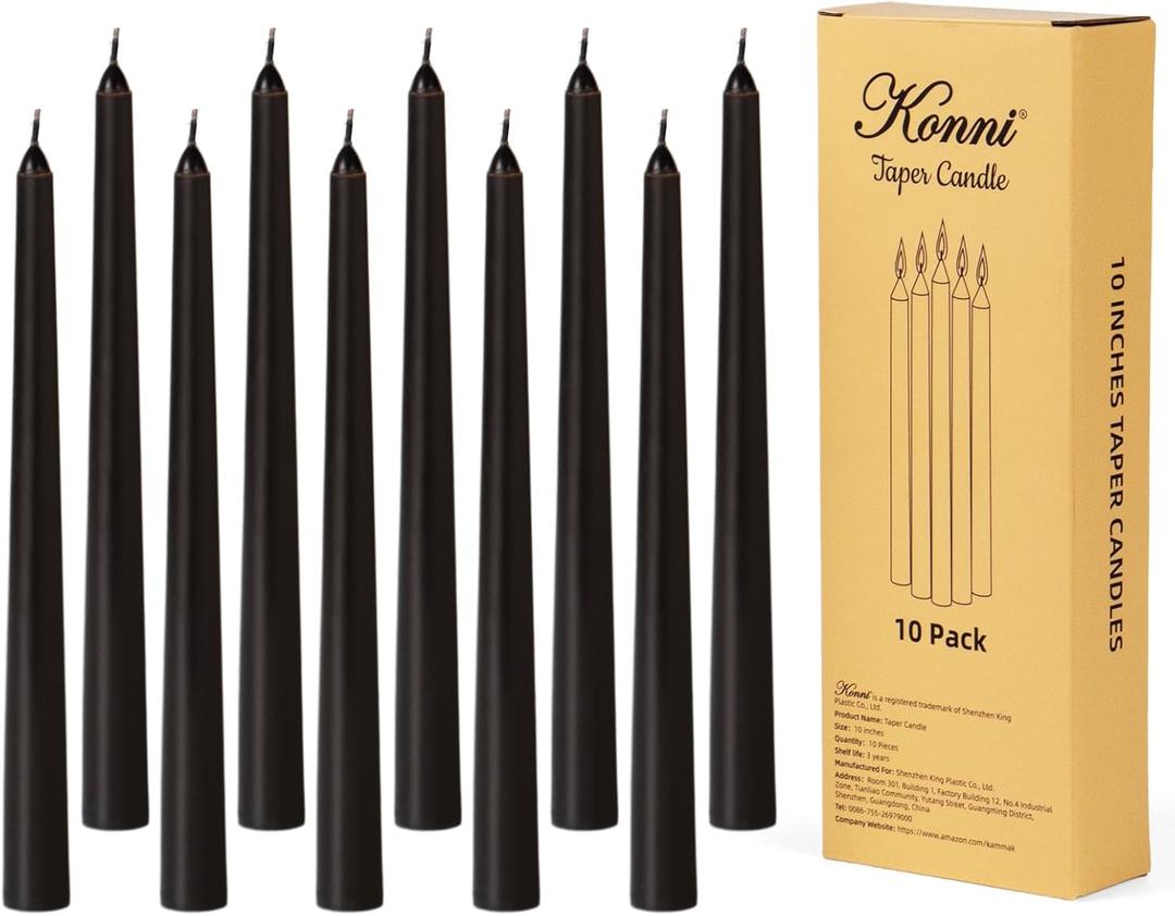 KONNI 0.8710 Inch Black Taper Candles, Unscented and Smokeless Tall Candlesticks, 10 Pack Halloween Taper Candles with Cotton Wicks, Long Burning, Ideal for Weddings, Dinner Parties, and Home Dcor