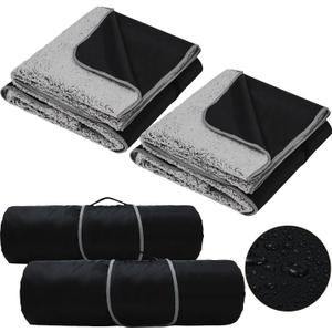 Tranqun 2 Pcs Large Waterproof Outdoor Blanket with Sherpa Lining 59'' x 79'' Windproof Triple Layers Warm Foldable Blanket for Winter Camping Stadium Beach Picnic Grass Outdoor Car Washable (Black)