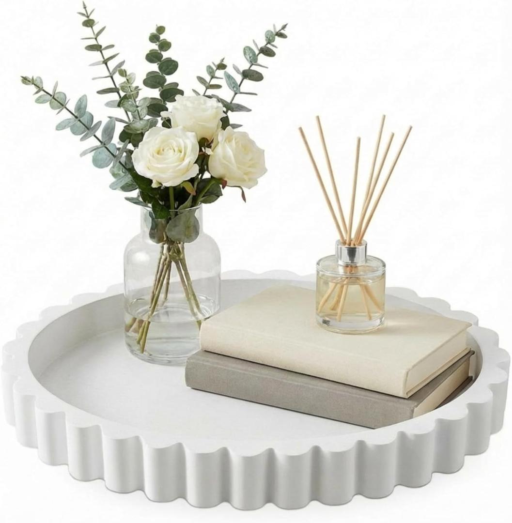 13.5 X9.5'' Decorative Tray for Coffee Tables Wooden Oval Trays Home Decor Coffee Table Tray for Living Room Kitchen Accent Table Counter Modern Decorative Trays Tables Centerpiece(White)