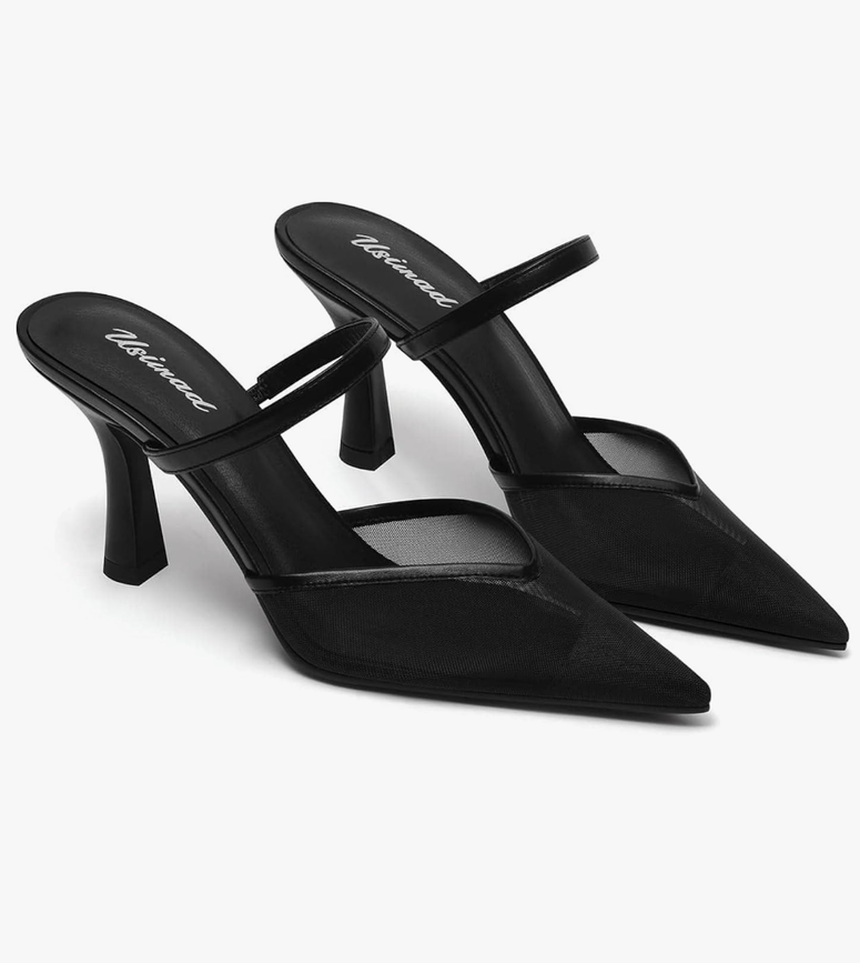 USIMAD Women's Mesh Mule Heels with Memory Foam Insole Pointy Toe Arch Support Size 6.5, Black 