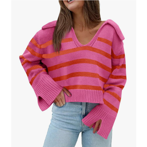 Saodimallsu Womens Striped Sweater V Neck Collared Fall Trendy Knitted Long Sleeve Loose Pullover Sweaters M