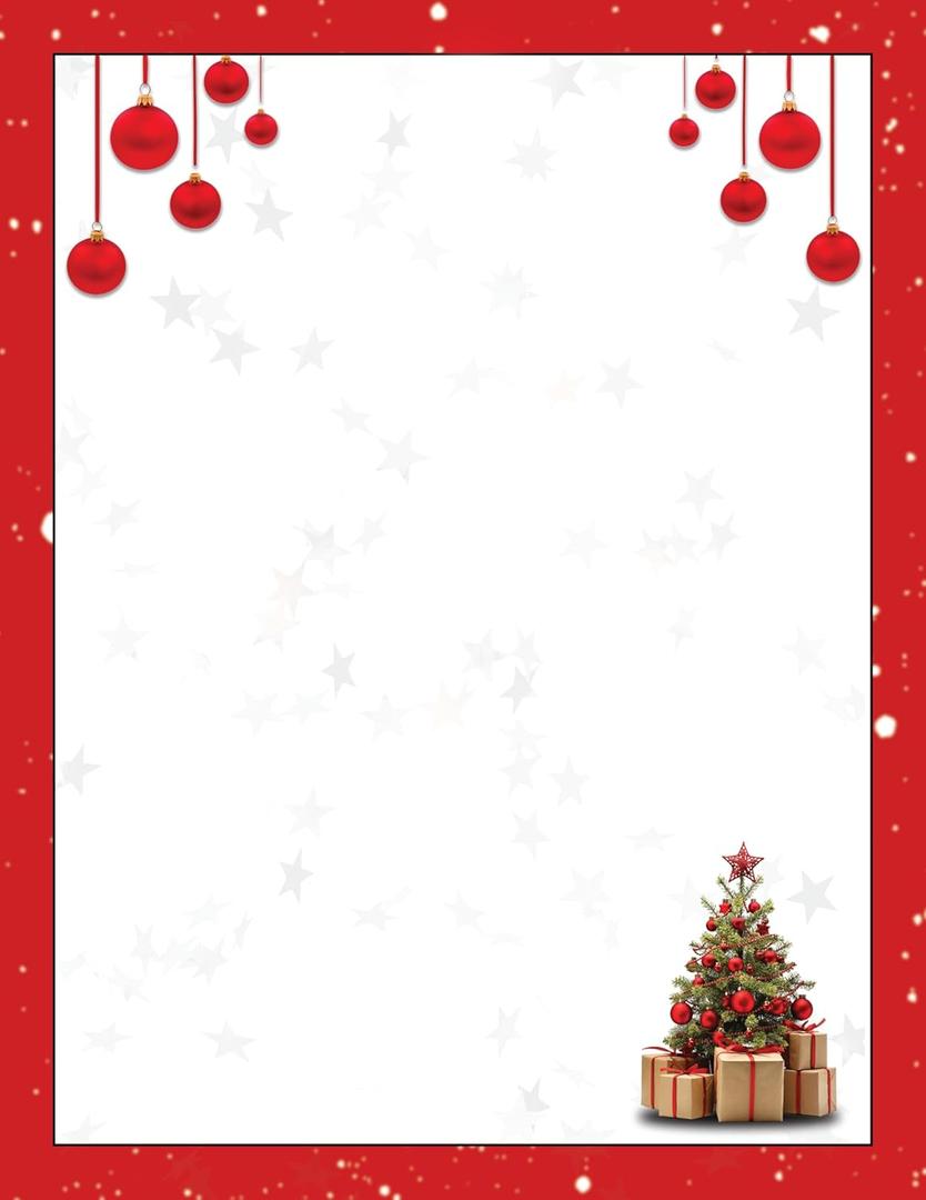 Red Bulbs & Christmas Tree Stationery Paper - 50 Sheets of Letterhead for Winter & Holiday Events