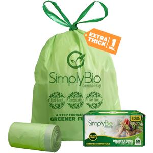 Simply Bio 3 Gallon Compostable Trash Bags Liners Drawstring, Heavy Duty Extra Thick 1 Mil, 11.36 Liter, 50 Bags, Small Kitchen Food Scrap Waste Bag, ASTM D6400, US BPI and OK Compost Home Certified