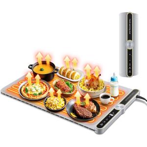 Warming Mat for Food, 24"x15" Food Warmer with 9-Temperature Adjustable, 1-6H Timer Electric Warming Tray Heat 6 Dishes, Child Lock, 8s Fast Heating, Foldable Food-Grade Silicone (XL Large Size:24"x15", Gray)
