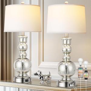3-Way Dimmable Touch Control Mercury Beaded Ball Glass Lamps Set of 2 for Bedroom with USB A+C Contemporary Silver Living Room Lamps Modern Nightstand Lamps with White Lampshades(Bulbs Included)