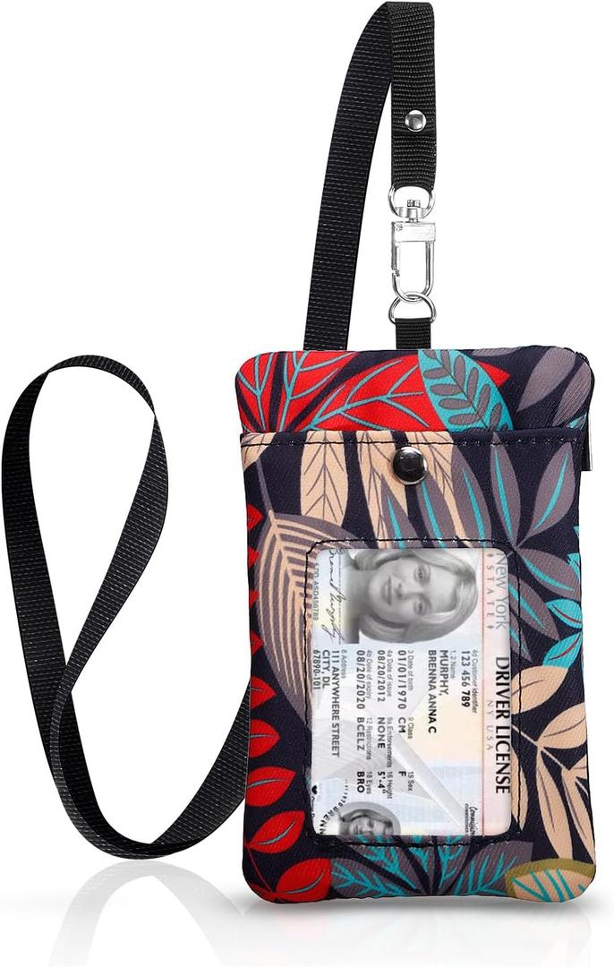 XEYOU Small Womens Wallet with ID Window Minimalist Badge Holder with Side Zip Pocket, Multiple Card Slots with Neck Lanyard for Office Staffs, Teachers/Students, Couriers, Workers (Red Maple Leaves)