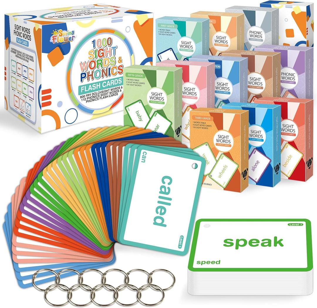 SpringFlower 1012 Sight Words Flash Card,900 Dolch & Fry High Frequency Sight Word,112 Phonic Flash Cards for Kindergarten Homeschool Supplies Games for Kids Pre-K, Kindergarten, 1st, 2nd, 3rd Grade