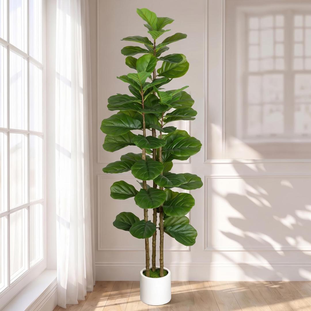Artificial Fiddle Leaf Fig Tree in Modern White Planter, 5ft
Large Fake Tree with 3 Sturdy Trunks, Fake Plants with Moss, Lifelike Tall Artificial Plants Indoor for Office Home Decor