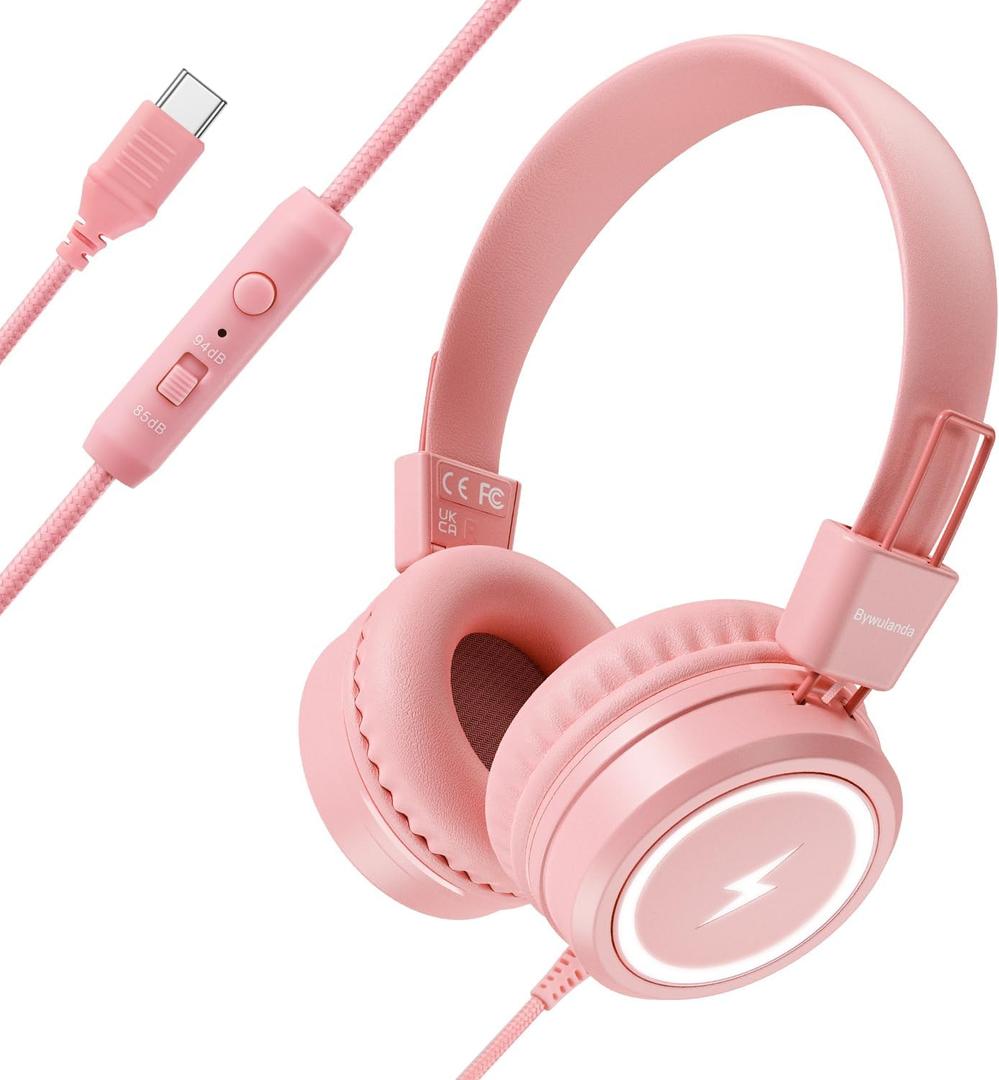 Kids Headphones with LED Lights for School, Upgrade USB Type C Kid Headphone with Microphone, Volume Limiter 85/94dB, Wired On Ear Headphones for Boys/Girls/Tablet/Travel -Pink