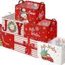 Maxcheck 6 Pcs Large Christmas Storage Basket Foldable Red Xmas Gift Basket Rectangle Merry Christmas Storage Boxes Bin Let It Snow Fabric Laundry Organizer with Handles for Cloth Toy (Novel Style)