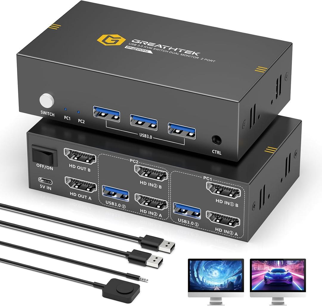 8K HDMI KVM Switch 2 Monitors 2 Computers,8K@60HZ USB3.0 Dual Monitors KVM Switches for 2 PC/Laptops Share Mouse Keyboard and 2 Screens,with 2 USB Cables/Controller,EDID Adapative,Plug&Play