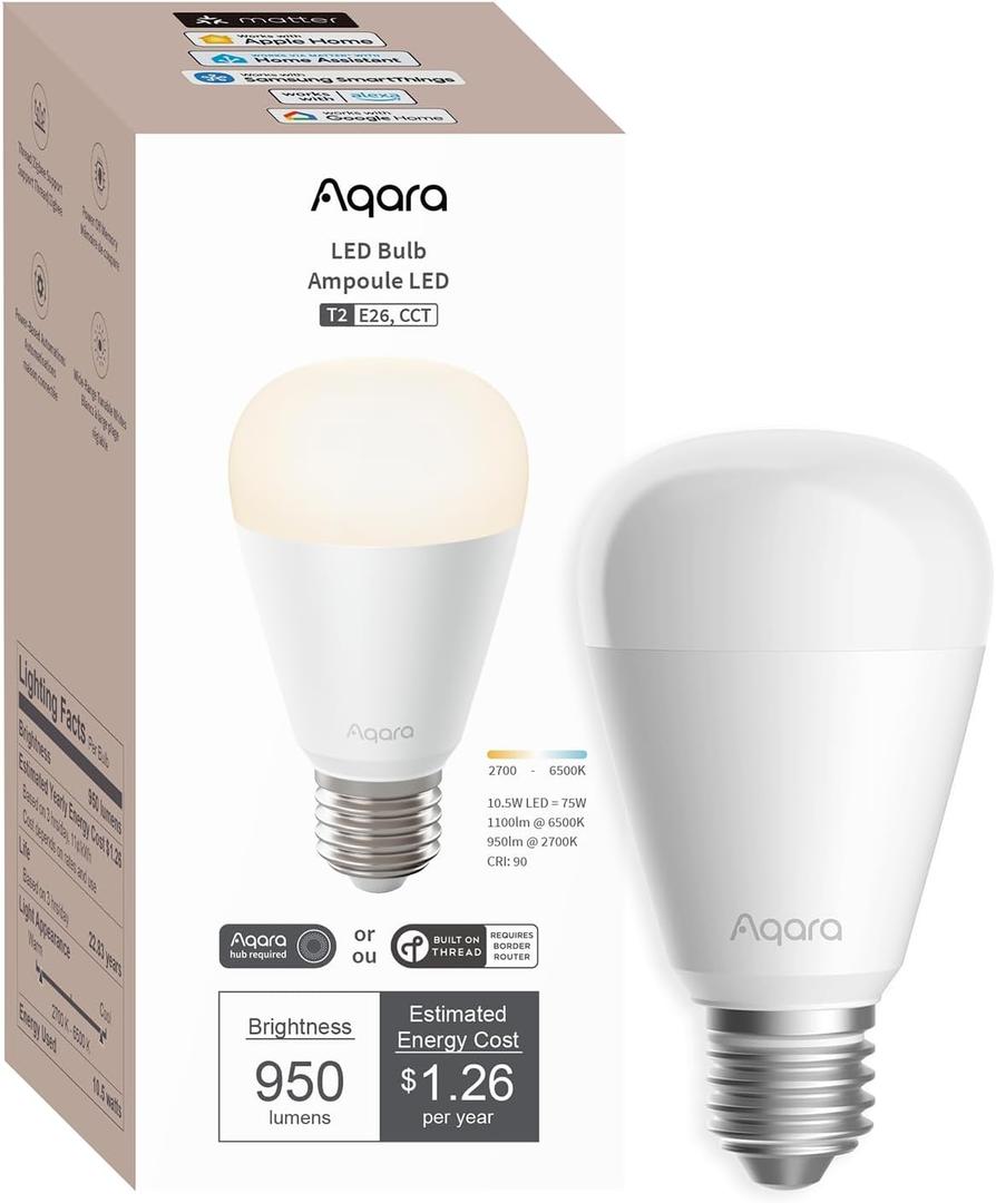 Aqara Thread/Zigbee Smart LED Light Bulb T2 E26, Tunable White (2700K-6500K), 75W Equivalent, Matter, Works with HomeKit, Alexa, Google