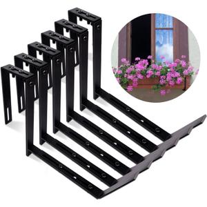 6 Pcs Adjustable Planter Box Brackets, Heavy Duty Window Flower Box Brackets, Iron Railing Planter Holder for Balcony Fence Pergola Patio Garden Windowsill (Black, 6-12.5 Inch)