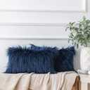 Ashler HOME DECO Pack of 2 Decorative Luxury Style Navy Blue Faux Fur Throw Pillow Case Cushion Cover 12 x 20 Inches 30 x 50 cm