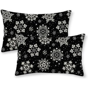 Christmas Pillow Covers 12x20 Inch 2 Pcs, Black White Snowflakes Decorative Throw Pillows for Couch, Xmas Winter Outdoor Decor Pillowcase Linen Cushion Cover for Bed Sofa