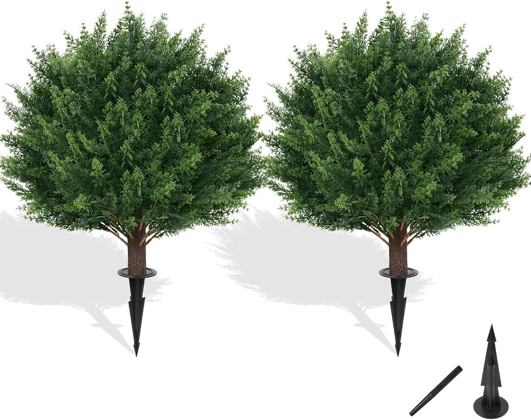 Grooy Artificial Cypress Topiary Tree with Ground Spike, Set of 2 Artificial Shrub Bushes, Fake Evergreen Tree for Porch, Artificial Plants for Outdoor Planters Indoor UV Resistant (Cedar Ball)