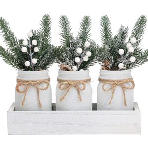 SUPREME LIGHTS 2017 Christmas Mason Jars, Winter White Mason Jars, Christmas Centerpieces for Home Table Decor, Wood Tray & 3 Decorative Jars, Winter Farmhouse Dining Table Centerpieces Decoration