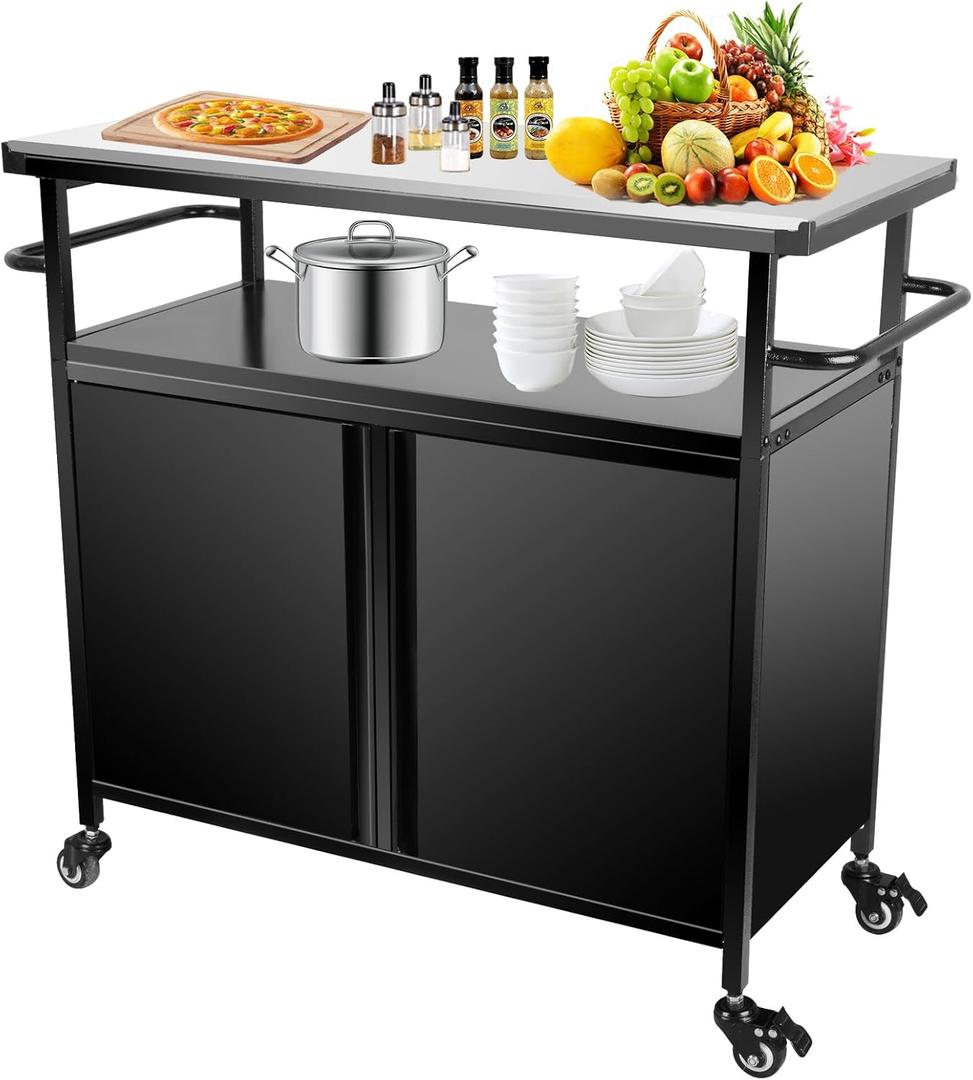 Heavy Duty Outdoor BBQ Grill Cart with Storage, BBQ Prep Table, Triple-Shelf Multi-Functional Grill Table on Wheels and Handle - Perfect for Patio, Backyard and Outdoor Grilling