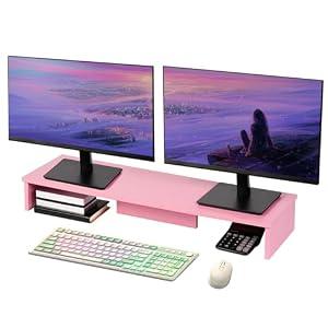 Qupui Dual Monitor Stand Riser, Large Computer Monitor Stand for Desk, Monitor Riser for 2 Monitors, Wood Desk Shelf for Top of Desk, Desktop Organizer for Computer, Laptop, Printer, TV, Pink