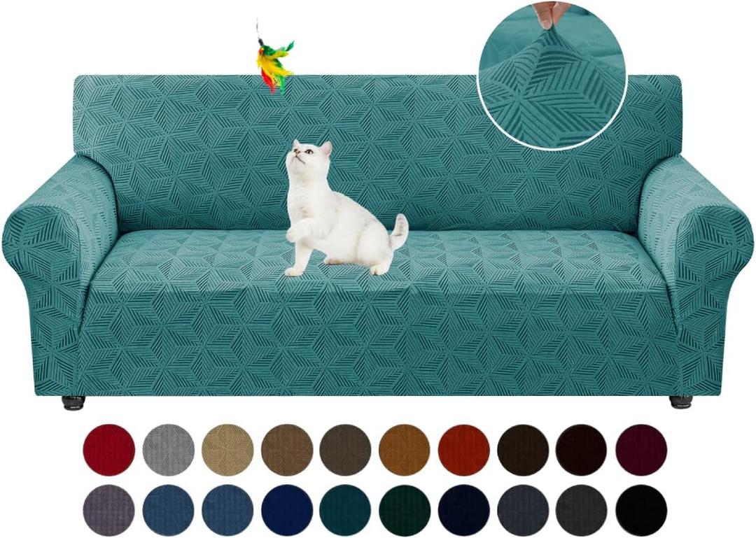 YEMYHOM 1 Piece Stretch Couch Covers for 3 Cushion Couch, Jacquard Sofa Cover with Non-Slip Elastic Bottom, Thickened Slipcover Furniture Protector for Dogs Pets (Large, Peacock Blue)