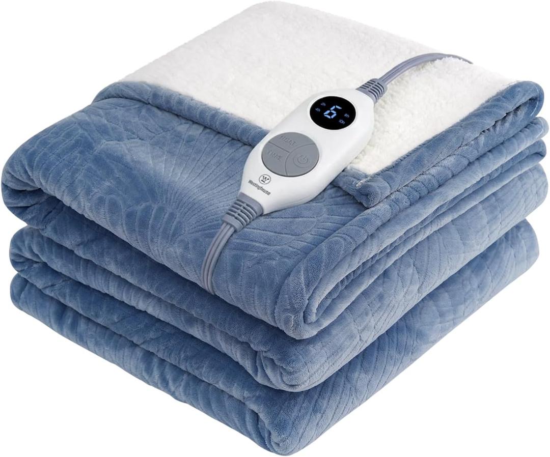 Westinghouse Heated Throw Blanket, Flower Jacquard Electric Blanket Throw with 6 Heating Levels and 2-10 Hours Auto-Off, Flannel to Sherpa Super Cozy Heated Blanket, Machine Washable (50" x 60" Blue)