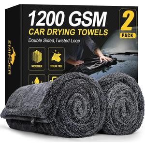 SMINDER 2-Pack 1200 GSM Car Drying Towels Microfiber Towels for Cars (36" x 24"), Ultra-Absorbent, Streak-Free, Scratch-Free, No Water Spots, Double-Twist Pile & Edgeless Design