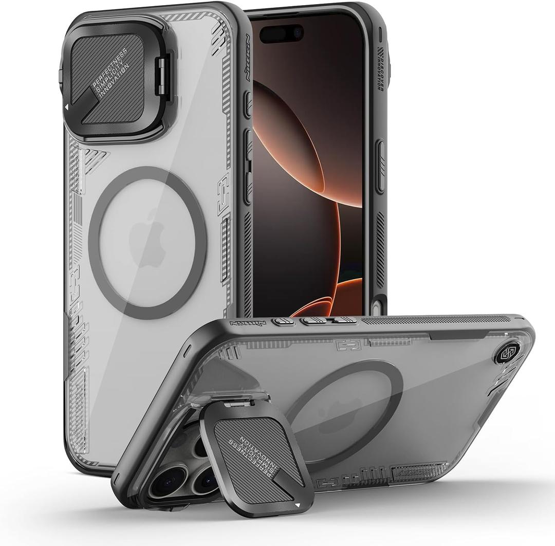 Nillkin Magnetic for iPhone 16 Pro Max Case Clear, Compatible with Magsafe, Never Yellow & Biodegradable Material, Translucent Case with Invisible Kickstand & Camera Cover for 16 Pro Max 6.9", Black