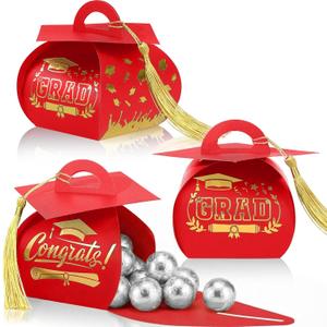 Spakon 30 Pcs Graduation Cap Gift Box Graduation Party Favors Candy Boxes Treat Box with Tassel Table Centerpieces Class of 2026 Grad Decorations(Red, Gold)