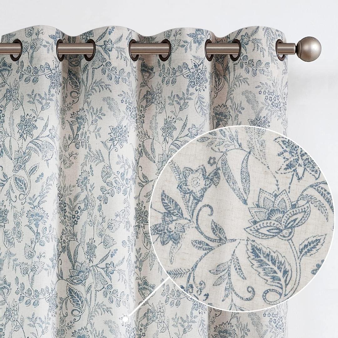 Vangao Blue Floral Linen Curtains for Living Room 84 Inches Long Farmhouse Curtains for Bedroom Vintage Print on Beige Light Filtering Window Drapes Grommet Top 2 Panels