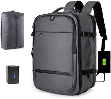 Vacuum Seal Backpack for Travel with Pump, 60L Expandable Backpack with Detachable Vacuum Compression Bag Waterproof Carry On Large Travel Bag for Airline Laptop Backpack with Shoe Compartment Gray