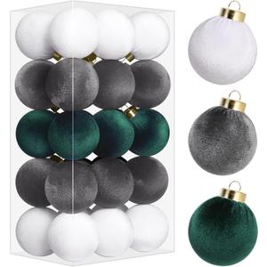 30PCS Velvet Christmas Ball Ornaments Set, 60MM/2.3Inch Shatterproof Flocked Ornaments for Christmas Tree Hanging Decorations, for Home Holiday Party Xmas Decor - White/Grey/Green.