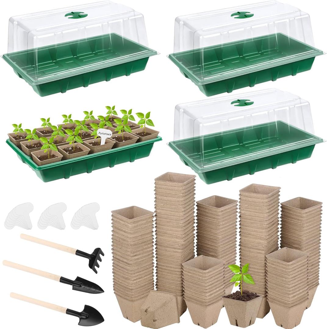 Hahood 4 Pack Seed Starter Tray Kit, 120 Square Seed Peat Pots for Seedlings with Plants Labels, Planting Tools, Plastic Growing Germination Trays with Lids for Indoor Outdoor Gardening, Green