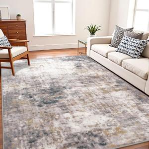 8x10 Area Rugs, Modern Abstract Living Room Rug, Soft Washable Large Area Rug for Bedroom Stain Resistant Non Slip, Low Pile Carpet for Dining Room Home Office Decor, Grey Gold