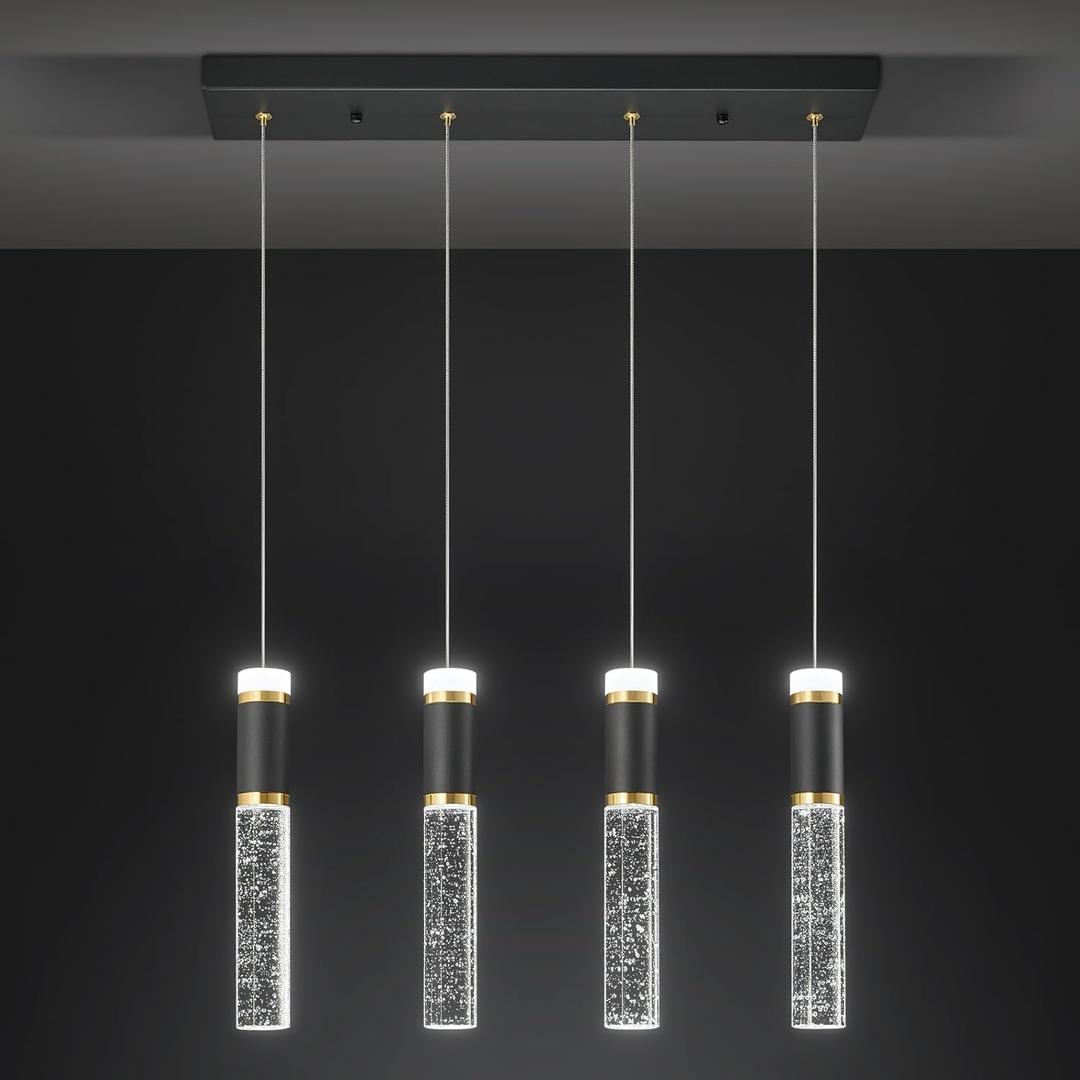 4-Light Pendant Light Fixture, Dimmable LED Kitchen Island Lighting with Bubble Crystal Shades, Modern Black Gold Metal for Dining Room, Foyer, Easy Installation