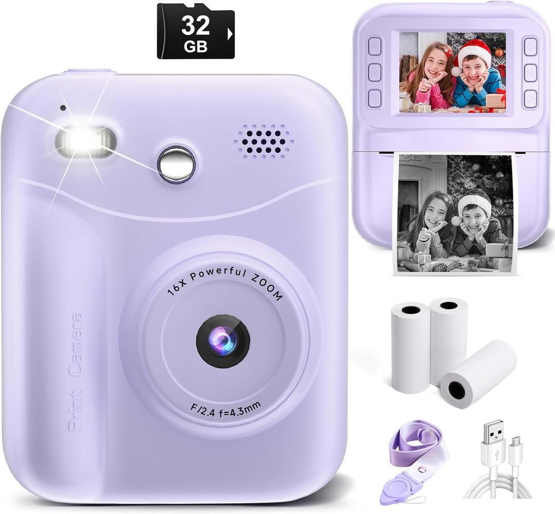 MINIBEAR Kids Camera Instant Print, Instant Print Camera for Kids Digital Camera Toddler Toys Christmas Birthday Gifts for 3 4 5 6 7 8 9 10 Year Old Boys Girls Video Camera with Print Paper, Purple