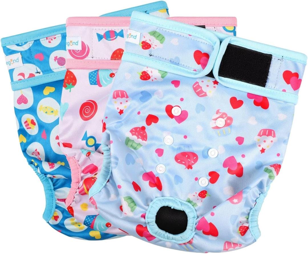 Paw Legend Washable Reusable Female Dog Period Diapers for Heat Doggie Puppy Diapers for Female Dogs (3 Pack,X-Small) (X-Small (8"-11.5" Waist), Cupcake)