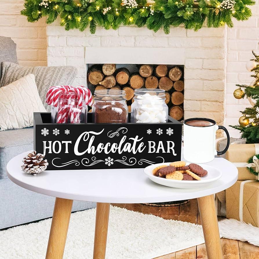 Hot Chocolate Bar Box Hot Cocoa Station Tray Sign Wooden Kitchen Storage Organizer Caddy Farmhouse Winter Holiday Home Decor Christmas Gift