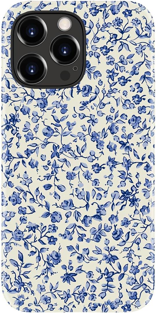 for iPhone 16 Pro Case - Wireless Charging Compatible - Dual-Layer Hard Shell + Silicone Cover - Shockproof Protective Phone Case with Cutee Designs for Women - Tiny Blue Flowers