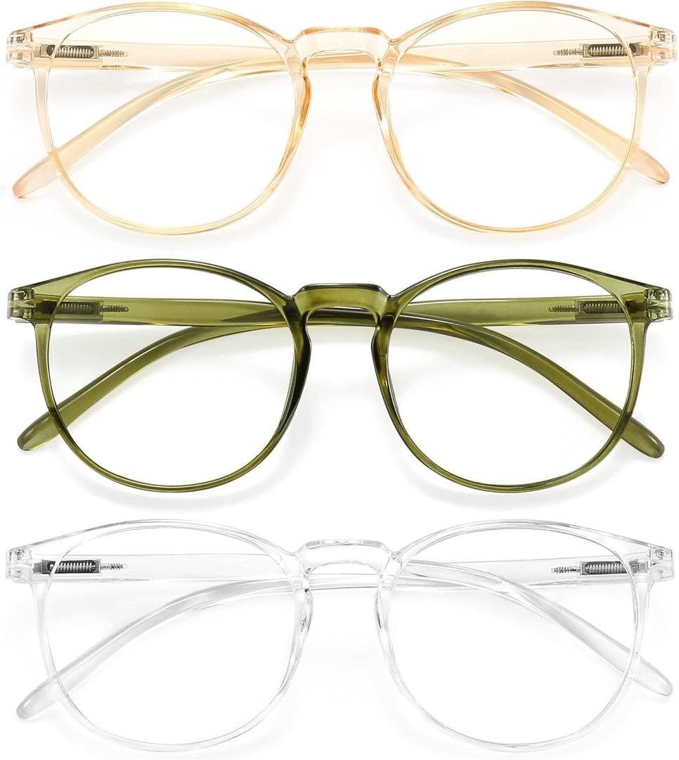 IBOANN Chic & Comfy Blue Light Glasses for Women - 3-Pack Round Frames, Screen-Ready Style with UV Protection Coating (*B117 Tranparent & Dark Green & orange)