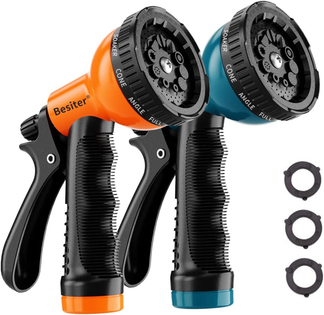 Garden Hose Nozzle Sprayer: 2 Pack 10 Watering Patterns Spray Nozzles Heavy Duty Hose Head Hose Attachment (Blue, Orange)